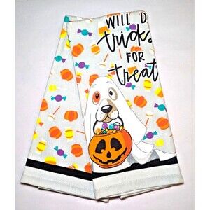 Will Do Tricks for Treats Kitchen Towels Dog in Ghost Costume Candy 2-pc Cotton